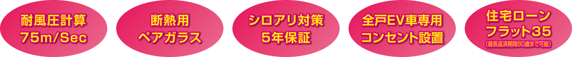 耐風圧計算75m/Sec、断熱用ペアガラス、シロアリ対策5年保証、全戸EV車専用コンセント設置、住宅ローンフラット35（最長返済期間80歳まで可能）